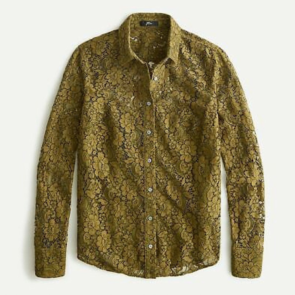 J Crew Classic-fit Lace Button-up Top In Moss